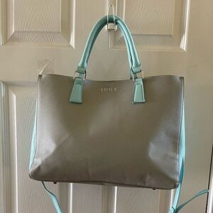 JAFRA large synthetic leather gray and mint blue Satchel/Shoulder bag .
